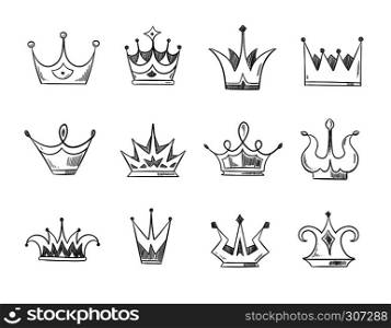 Hand drawn doodle nobility queens crowns vector. Set of line crowns, illustration of crown for prince or monarch. Hand drawn doodle nobility queens crowns vector set