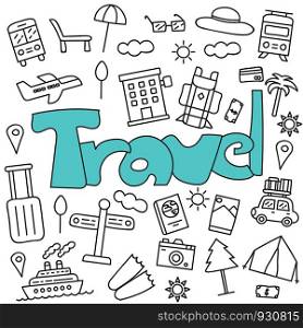 Hand drawn doodle of travel set