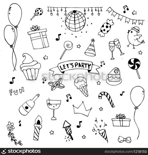 Hand drawn, doodle party set. Cerebrate decoration vector design illustrator.