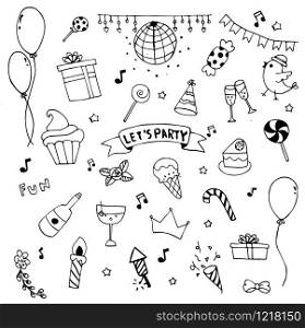 Hand drawn, doodle party set. Cerebrate decoration vector design illustrator.