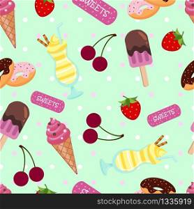 Hand drawn doodle seamless pattern with different ice cream types: ice cream cone and cup ice cream. Funny cartoon style vector illustration for background design.. Ice cream stickers, Donuts stickers, Berry stickers