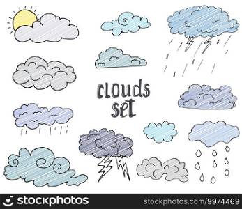 Hand drawn Doodle set of different Clouds, sketch Collection  vector illustration isolated on white.. Hand drawn Doodle set of different Clouds, sketch Collection  vector illustration isolated on white