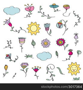 Hand drawn doodle set of flowers. Vector illustration, isolated on white background