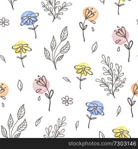 Hand drawn doodle spring floral seamless pattern with leaves and flowers. Decorative vector background