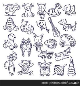 Hand drawn doodle toys for kids. Vector sketches isolate on white background. Toy kids pyramid fish and monkey, illustration of dog and cat toys. Hand drawn doodle toys for kids. Vector sketches isolate on white background