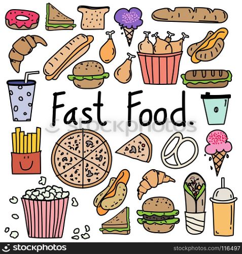 Hand Drawn Doodle Vector Fast Food Set.