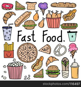 Hand Drawn Doodle Vector Fast Food Set.