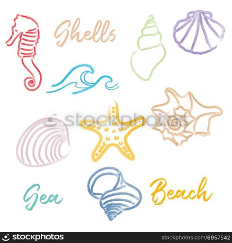 Hand drawn doodle watercolor Seashells and Sea elements set. Hand drawn doodle watercolor Seashells and Sea elements set. Vector format