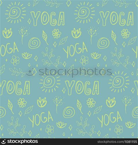 Hand drawn doodle yoga elements vector seamless pattern. Trendy graphic wallpaper, background, fabric and textile print design.. Hand drawn doodle yoga elements vector seamless pattern.
