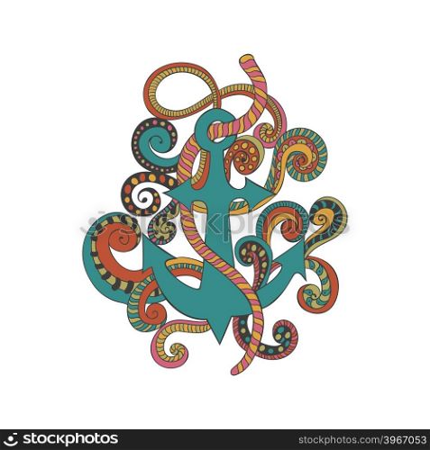 Hand drawn, doodled illustration of anchor, ropes and swirls. Nautical label