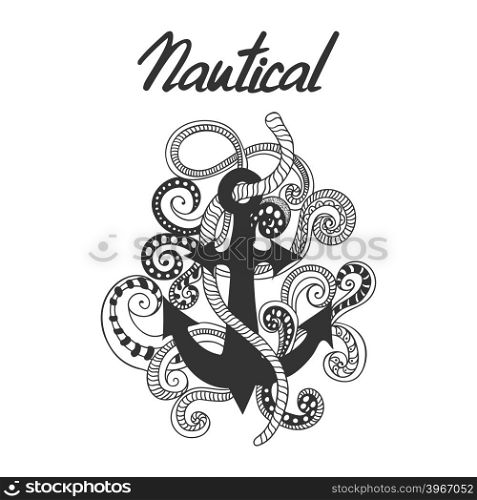 Hand drawn, doodled illustration of anchor, ropes and swirls. Nautical label with anchor