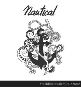 Hand drawn, doodled illustration of anchor, ropes and swirls. Nautical label with anchor
