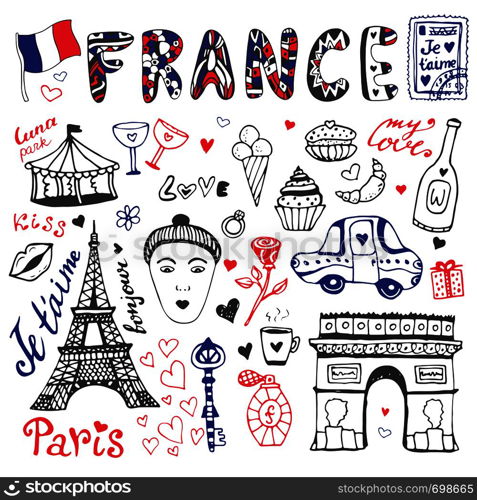 Hand drawn doodles set of France - Eiffel tower, Triumphal arch and other culture elements. Vector collection.. Hand drawn doodles set of France - Eiffel tower, Triumphal arch and other culture elements. Vector collection