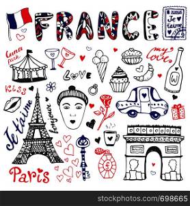 Hand drawn doodles set of France - Eiffel tower, Triumphal arch and other culture elements. Vector collection.. Hand drawn doodles set of France - Eiffel tower, Triumphal arch and other culture elements. Vector collection