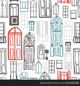 Hand drawn doors and windows . Vector seamless pattern