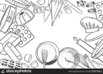 Hand-drawn dough ingredients and bakery utensils. Sketch illustration. Vector background.. Vector background with dough ingredients and bakery utensils.