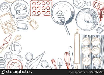 Hand-drawn dough ingredients and bakery utensils. Sketch illustration. Vector background.. Vector background with dough ingredients and bakery utensils.