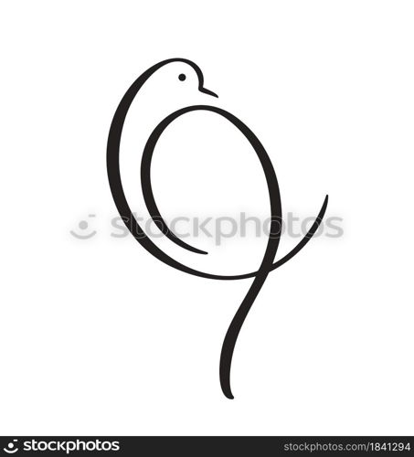 Hand Drawn dove bird calligraphy brush line. Flying pigeon logo. Black and white vector illustration. Concept for icon card, banner poster, flyer.. Hand Drawn dove bird calligraphy brush line. Flying pigeon logo. Black and white vector illustration. Concept for icon card, banner poster, flyer