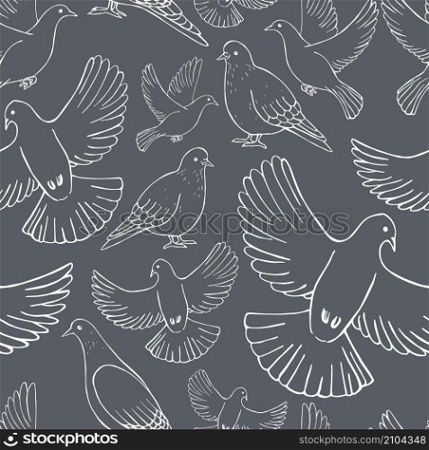 Hand drawn doves. Vector seamless pattern. Vector pattern with doves