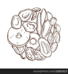 Hand drawn dried fruits in a circle on white background. Vector sketch illustration.. Dried fruits in a circle. Vector illustration.