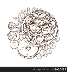 Hand drawn dried fruits on white background.Vector sketch illustration.. Dried fruits . Vector illustration.