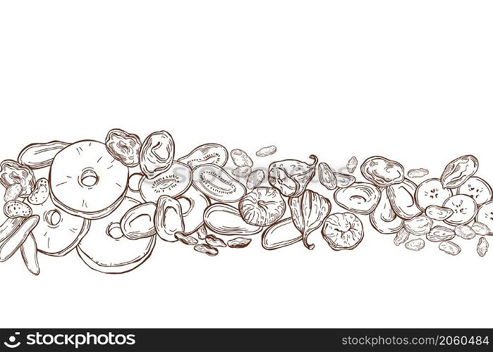 Hand drawn dried fruits. Vector background.. Dried fruits . Vector background.