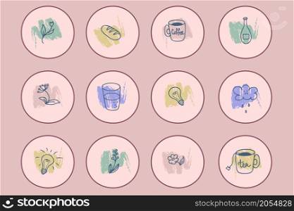 Hand drawn drink more water theme stickers collection. Perfect for story highlight, posters and print. Doodle vector illustration for decor and design.