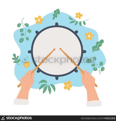 Hand drawn drum and hands holding drumsticks. Top view. Vector concept in flat and cartoon style. Hand drawn drum and hands holding drumsticks. Vector illustration