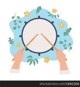 Hand drawn drum and hands holding drumsticks. Top view. Vector concept in flat and cartoon style. Hand drawn drum and hands holding drumsticks. Vector illustration