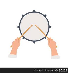 Hand drawn drum and hands holding drumsticks. Top view. Vector llustration in flat and cartoon style on white background. Hand drawn drum and hands holding drumsticks. Top view. Vector llustration in flat and cartoon style