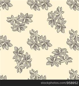 Hand drawn dry anise seamless pattern. Engraved style. Design for fabric, textile print, wrapping paper. Vector illustration. Hand drawn dry anise seamless pattern. Engraved style.