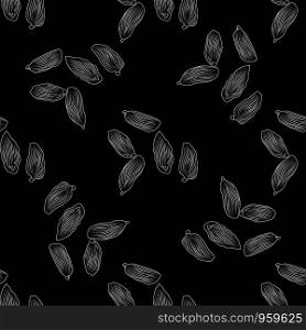Hand drawn dry cardamom seamless pattern on blackboard. Engraving style. Design for fabric, textile print, wrapping paper. Vector illustration. Hand drawn dry cardamom seamless pattern on blackboard.