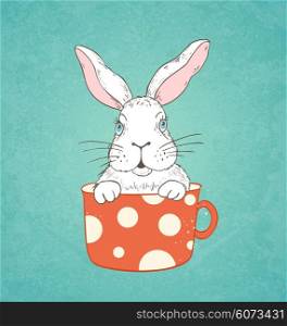 Hand drawn Easter card with white rabbit in a red cup