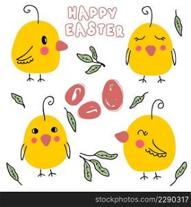 Hand drawn Easter chickens and eggs collection. Perfect for sticker, postcard and print. Cartoon style vector illustration for decor and design.