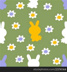 Hand drawn Easter seamless pattern with bunnies silhouette and flowers. Perfect for T-shirt, textile and print. Doodle vector illustration for decor and design.