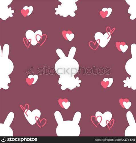 Hand drawn Easter seamless pattern with bunnies silhouette and hearts. Perfect for T-shirt, textile and print. Doodle vector illustration for decor and design.