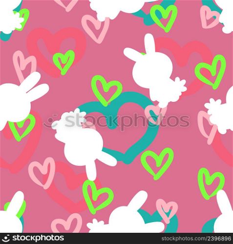 Hand drawn Easter seamless pattern with bunnies silhouettes and hearts. Perfect for T-shirt, textile and print. Doodle vector illustration for decor and design.