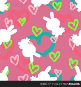 Hand drawn Easter seamless pattern with bunnies silhouettes and hearts. Perfect for T-shirt, textile and print. Doodle vector illustration for decor and design.