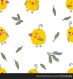 Hand drawn Easter seamless pattern with chickens and leaves. Perfect for textile, postcard and print. Doodle vector illustration for decor and design. 