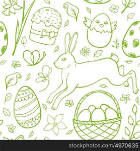 Hand drawn Easter seamless pattern with rabbit on a white background
