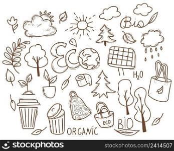 Hand drawn Ecology doodle vector set. Collection of environmental and green energy items and icons. Isolated Linear doodle, for graphic and web design, design and decoration 