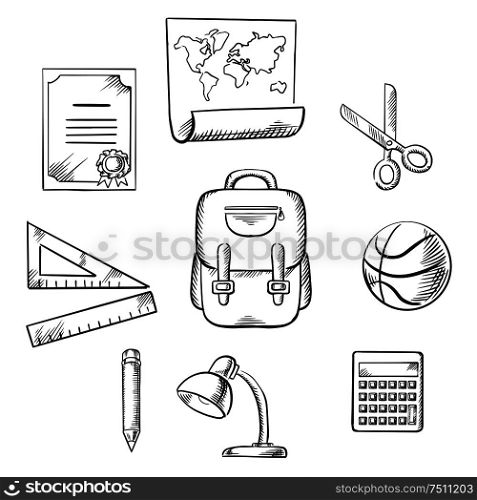 Hand drawn education and school infographic elements with diploma, world map, scissors, ruler, satchel, ball, pencil, lamp and calculator. Vector sketch icons. Hand drawn education infographic elements