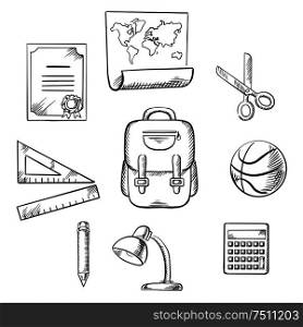 Hand drawn education and school infographic elements with diploma, world map, scissors, ruler, satchel, ball, pencil, lamp and calculator. Vector sketch icons. Hand drawn education infographic elements