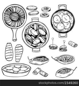 Hand-drawn eggplant dishes set. Vector sketch illustration.. Eggplant dishes. Sketch illustration.