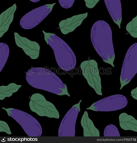 Hand drawn eggplants seamless pattern on black background. Violet aubergines wallpaper. Design for fabric, textile print, wrapping paper, textile, restaurant menu. Vector illustration. Hand drawn eggplants seamless pattern on black background.