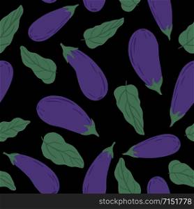Hand drawn eggplants seamless pattern on black background. Violet aubergines wallpaper. Design for fabric, textile print, wrapping paper, textile, restaurant menu. Vector illustration. Hand drawn eggplants seamless pattern on black background.