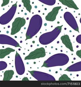 Hand drawn eggplants seamless pattern on white background. Violet aubergines wallpaper. Design for fabric, textile print, wrapping paper, textile, restaurant menu. Vector illustration. Hand drawn eggplants seamless pattern on white background.