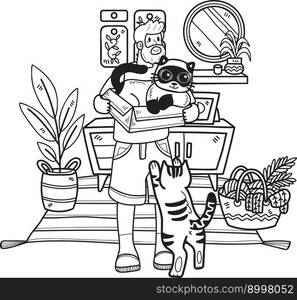 Hand Drawn Elderly holding a cat illustration in doodle style isolated on background