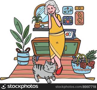 Hand Drawn Elderly play with cat illustration in doodle style isolated on background