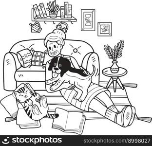 Hand Drawn Elderly play with dogs and cats illustration in doodle style isolated on background